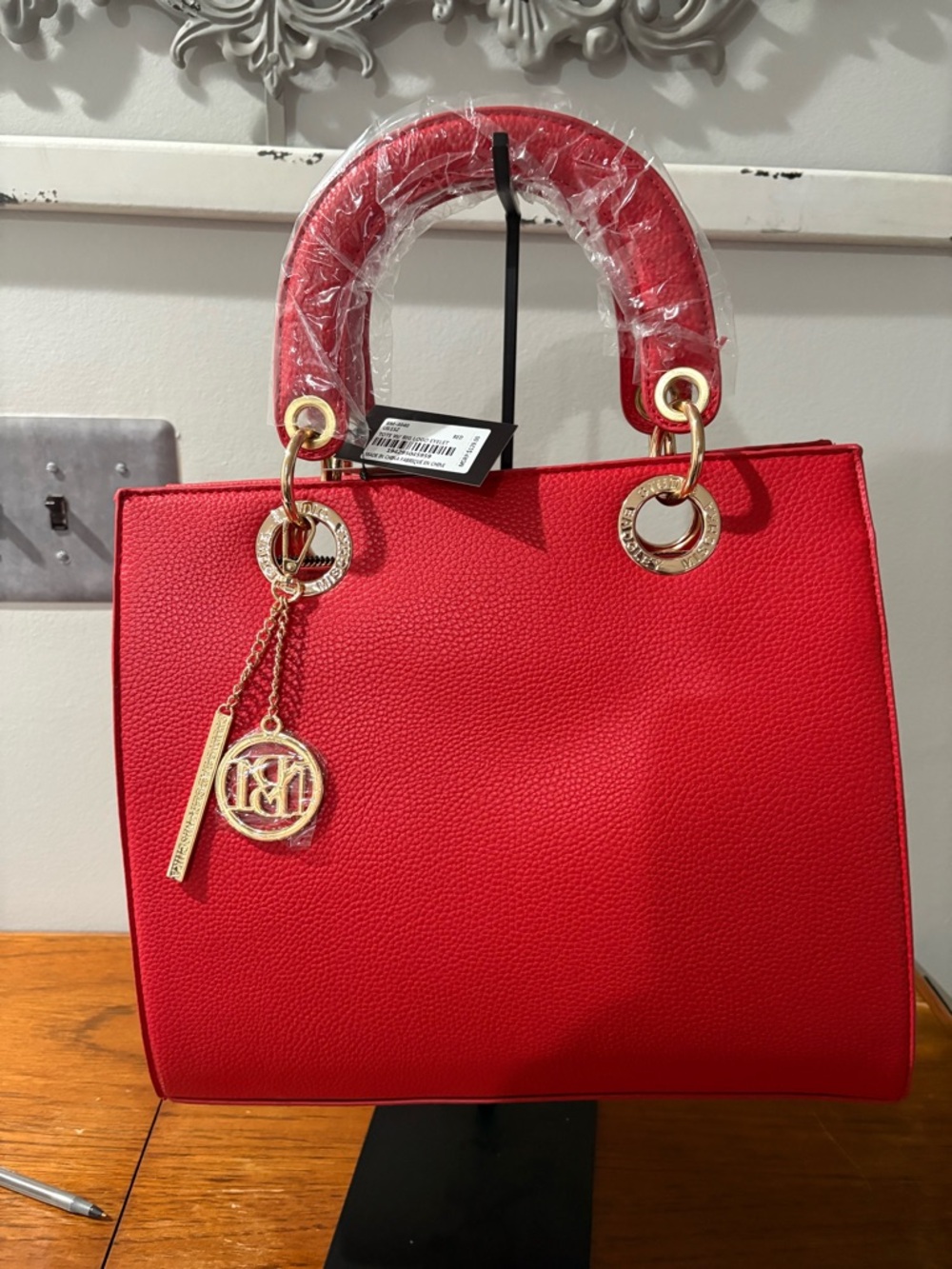 Badgley Mischka Red Structured Satchel with Gold Accents